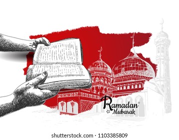 Ramadan Mubarak free hand drawing sketch of hand open holy quran on red brush with mosque. Vector illustration for ramadan poster, flyer, greeting card, banner and template