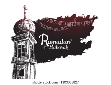 Ramadan Mubarak free hand drawing sketch of mosque tower with ribbon and black background. Vector illustration for ramadan poster, flyer, greeting card, banner and template
