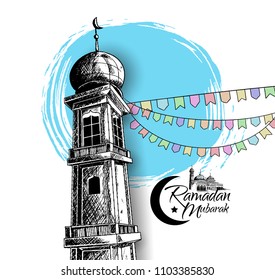 Ramadan Mubarak free hand drawing sketch of mosque tower with colorful ribbon and blue background. Vector illustration for ramadan poster, flyer, greeting card, banner and template
