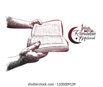 Ramadan Mubarak free hand drawing sketch of hand pen holy quran  background. Vector illustration for ramadan poster, flyer, greeting card, banner and template