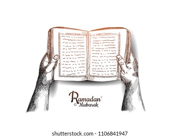 Ramadan Mubarak free hand drawing sketch of hand open holy quran. Vector illustration for ramadan poster, flyer, greeting card, banner and template