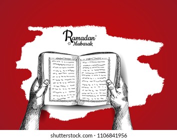 Ramadan Mubarak free hand drawing sketch of hand open quran white and red background. Vector illustration for ramadan poster, flyer, greeting card, banner and template