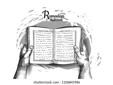 Ramadan Mubarak free hand drawing sketch of hand open holy quran with gray backgroud. Vector illustration for ramadan poster, flyer, greeting card, banner and template
