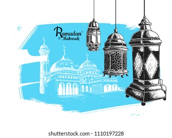 Ramadan Mubarak free hand drawing sketch of islamic lantern blue brush. Vector illustration for ramadan poster, flyer, greeting card, banner and template