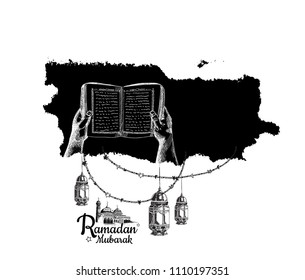 Ramadan Mubarak free hand drawing sketch of hand opening holy quran and hanging lantern black brush. Vector illustration for ramadan poster, flyer, greeting card, banner and template