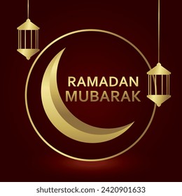  Ramadan Mubarak Golden lettering with beautiful shiny luxury islamic ornament on red background