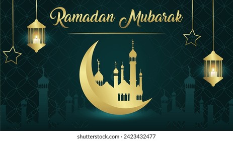 Ramadan mubarak. Golden moon, lantern and mosque on green background. Vector illustration.