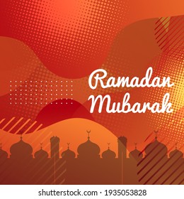 Ramadan Mubarak Gradient greeting card design with mosque silhouette with red purple color.