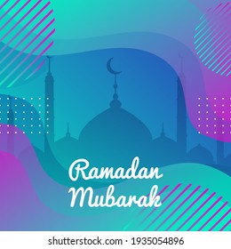 Ramadan Mubarak Gradient greeting card design with mosque silhouette with green blue red purple color.
