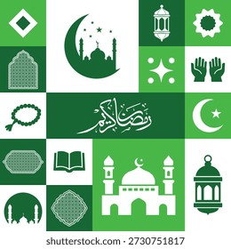  Ramadan Mubarak graphic elements , clip arts , symbols, icons , arranged on a alternating squares and rectangles of dark and light green colors