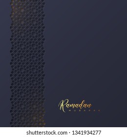 Ramadan Mubarak greeting background. 3d paper cut pattern in traditional islamic style. Design for greeting card, banner or poster. Vector illustration.