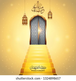 Ramadan Mubarak greeting background. Arabic Calligraphy (translation: Blessed Ramadan - Welcome Month Ramadan)