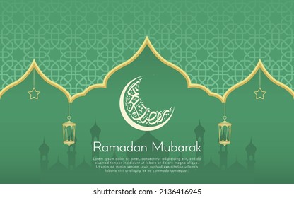 Ramadan Mubarak Greeting Banner Template. Beautiful Design with crescent shape Arabic Calligraphy, lantern, mosque, star vector, and green dark background. The text translation is Blessed Ramadan.