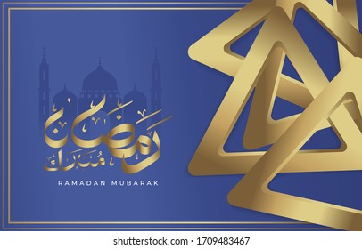 Ramadan mubarak greeting with beautiful Arabic calligraphy text, mosque silhouette, abstract geometric shape decoration, blue gradation background. Vector illustration of realistic style