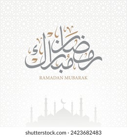 Ramadan Mubarak Grußkarte in arabischer Kalligrafie mit Silhouette-Moschee und Arabesken-Stil 