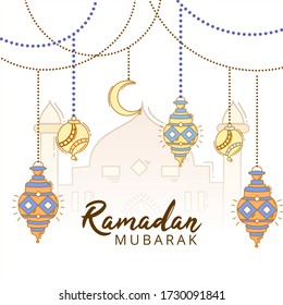 Ramadan mubarak greeting card background with hand drawn doodle of islamic ornament, mosque, lantern, moon. Greeting card for islamic holy month festival.