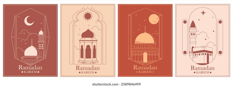 Ramadan Mubarak greeting card collection is modern in style with outline designs. mosque, mecca, moon, stars and sun.