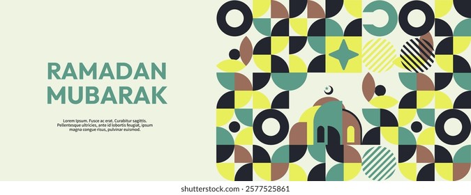 Ramadan Mubarak greeting card in creative geometric design. Great for banners, stickers, modern gift wraps. Happy Eid Mubarak