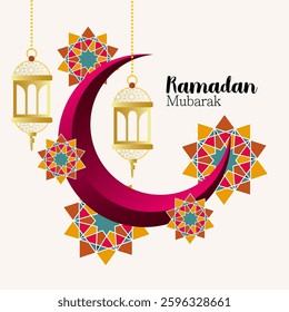 Ramadan Mubarak Greeting Card with Crescent Moon Hanging Lanterns and Islamic Geometric Patterns  Perfect for Eid Celebrations Festive Invitations and Social Media Designs