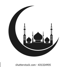 Ramadan mubarak greeting card. crescent moon with mosque silhouette.use as flyer,banner or poster design element for Muslim community festival or holiday. islamic symbol