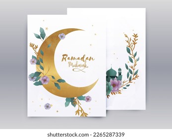 Ramadan Mubarak Greeting Card Decorated With Golden Crescent Moon, Mosque And Beautiful Floral.