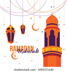 Ramadan Mubarak Greeting Card design with tower mosque, lantern, half moon, and star vector Illustration. Ramadan Mubarak Greeting Card Background. Tower Mosque Vector Illustration. Happy Eid Mubarak.