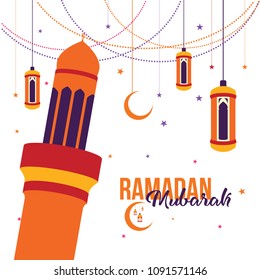 Ramadan Mubarak Greeting Card design with tower mosque, lantern, half moon, and star vector Illustration. Ramadan Mubarak Greeting Card Background. Tower Mosque Vector Illustration. Happy Eid Mubarak.