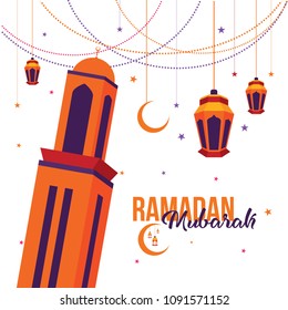 Ramadan Mubarak Greeting Card design with tower mosque, lantern, half moon, and star vector Illustration. Ramadan Mubarak Greeting Card Background. Tower Mosque Vector Illustration. Happy Eid Mubarak.