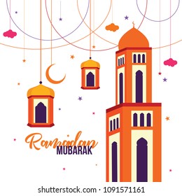 Ramadan Mubarak Greeting Card design with tower mosque, lantern, half moon, and star vector Illustration. Ramadan Mubarak Greeting Card Background. Tower Mosque Vector Illustration. Happy Eid Mubarak.