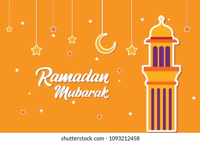 Ramadan Mubarak Greeting Card design with tower mosque, half moon, and star vector Illustration. Ramadan Mubarak Greeting Card Background. Tower Mosque Flat Design. Happy Eid Mubarak. Flat.