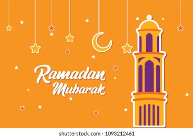 Ramadan Mubarak Greeting Card design with tower mosque, half moon, and star vector Illustration. Ramadan Mubarak Greeting Card Background. Tower Mosque Flat Design. Happy Eid Mubarak. Flat.