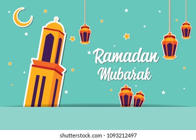 Ramadan Mubarak Greeting Card design with Tower mosque and lantern vector Illustration. Ramadan Mubarak Greeting Card Background. Tower Mosque and Lantern Flat Design. Happy Eid Mubarak. Flat.