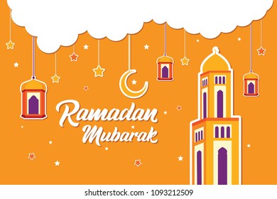 Ramadan Mubarak Greeting Card design with Tower mosque and lantern vector Illustration. Ramadan Mubarak Greeting Card Background. Tower Mosque and Lantern Flat Design. Happy Eid Mubarak. Flat.