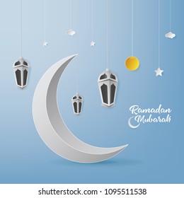 Ramadan Mubarak Greeting Card design with Lantern and Half Moon vector Illustration. Ramadan Mubarak Greeting Card Background. Paper art and Craft Style. Ramadan Kareem. Happy Eid Mubarak.