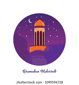 Ramadan Mubarak Greeting Card design with tower mosque vector Illustration. Ramadan Mubarak Greeting Card Background. Tower Mosque Flat Illustration. Ramadan Kareem. Flat Illustration.