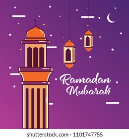 Ramadan Mubarak Greeting Card design with tower mosque and lantern vector Illustration. Ramadan Mubarak Greeting Card Background. Tower Mosque and lantern flat Illustration. Ramadan Kareem.