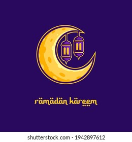 Ramadan Mubarak Greeting Card design with moon and lantern vector Illustration .Suitable for web landing page, ui, mobile app, banner template. flat cartoon vector illustration.