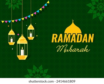 Ramadan Mubarak Greeting Card Design with Mosque Dome, Hanging Lit Lamps and Bunting Flags Decorated on Green Islamic Pattern Background.