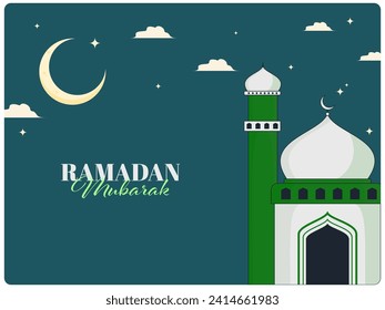 Ramadan Mubarak Greeting Card Design with Mosque, Crescent Moon and Clouds on Teal Blue Background.