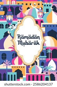 Ramadan Mubarak greeting card design with colorful fun style