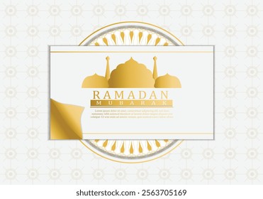 Ramadan Mubarak greeting card featuring a gold mosque silhouette, decorative Islamic patterns, and a clean, elegant white and gold theme. Perfect for invitations, marketing materials, and celebration.