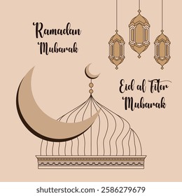 Ramadan Mubarak greeting card featuring a mosque and decorative lanterns in a vibrant vector illustration.