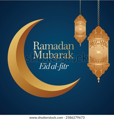 Ramadan Mubarak greeting card featuring decorative lanterns and a crescent moon, symbolizing the holy month.