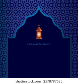 Ramadan Mubarak Greeting Card with glowing lantern.
on a blue background.