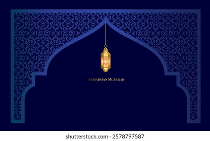 Ramadan Mubarak Greeting Card with glowing lantern.
on a blue background.