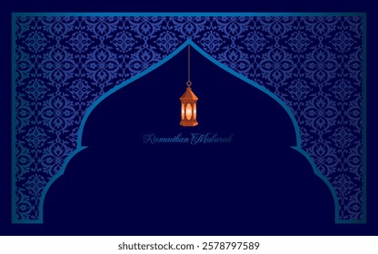 Ramadan Mubarak Greeting Card with glowing lantern.
on a blue background.