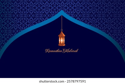 Ramadan Mubarak Greeting Card with glowing lantern.
on a blue background.