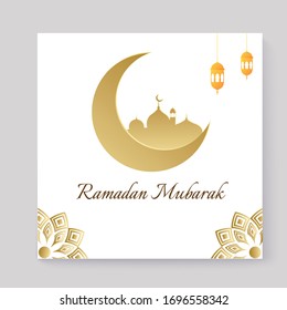 Ramadan Mubarak greeting card with gold  colour and greeting text for social media template. Illustration of mosque, crescent moon, and arabic lantern. Arabic geometric ornament pattern.