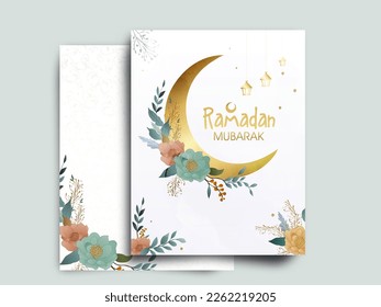 Ramadan Mubarak Greeting Card With Golden Crescent Moon On Floral Background.