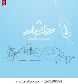 Ramadan Mubarak greeting card with hand drawn concept mosque at the desert. The Arabic calligraphy spells Ramdan Mubarak, which means Generous Ramadan, a holy month in islamic calendar.  EPS10